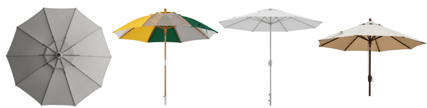 A group of four different colored patio umbrellas standing against a plain colored surface area on transparent background