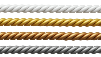 A seamless collection of shiny metallic ropes in silver, gold, bronze, and white on a black background