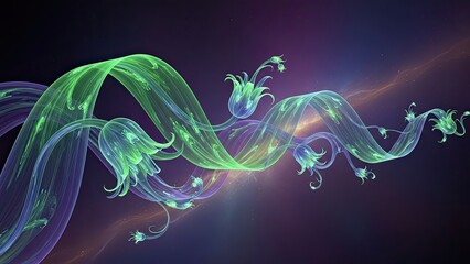 Abstract Alphanumeric Light Trails with Vibrant Green and Purple Glows in a Cosmic Environment