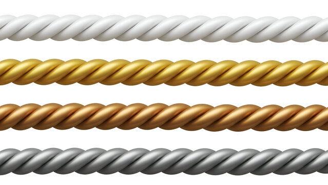 A seamless collection of shiny metallic ropes in silver, gold, bronze, and white on a black background
