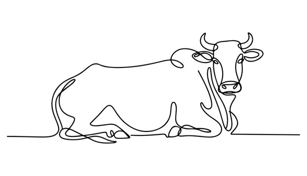 One continuous line illustration of an Indian cow, isolated on white background.