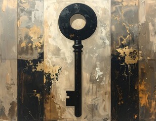 Large ornate black key art against abstract, textured, divided background