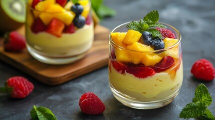 Homemade fruit custard dessert high resolution picture