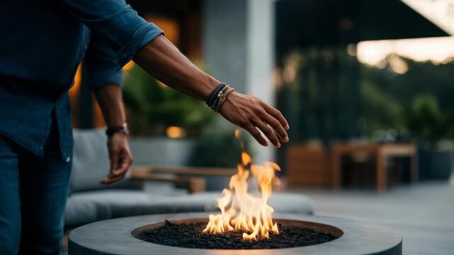 Warm flames flicker in a contemporary fire pit as a hand reaches in, evoking relaxation and comfort. The background features lush greenery and sleek outdoor furniture, enhancing the ambiance