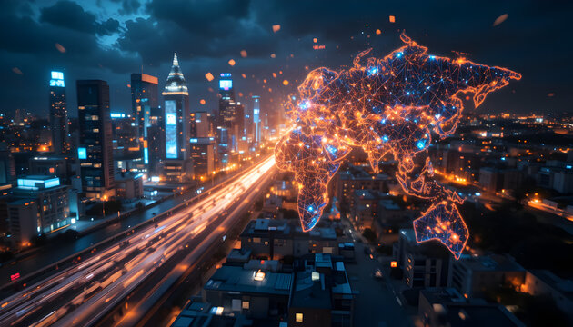 Vibrant cityscape with glowing world map at night - Powered by Adobe