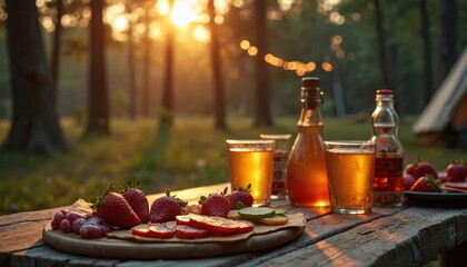 Outdoor picnic table set with fresh strawberries, grapes, drinks in glass bottles and glasses. Evening sun light filters through forest trees creating warm ambiance.