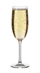 Champagne glass filled with bubbly golden drink isolated on a transparent background