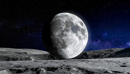 A captivating cosmic scene featuring a large, textured moon dominating a desolate lunar surface. The night sky is filled with glittering stars