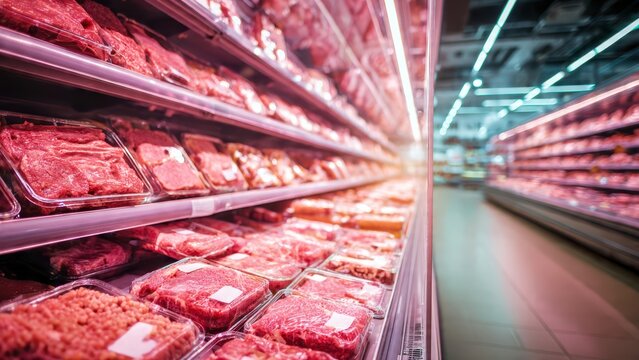 Fresh Packaged Meat on Refrigerated Shelf in Supermarket