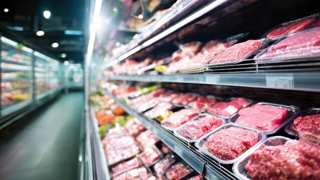 Fresh Packaged Meat on Refrigerated Shelf in Supermarket