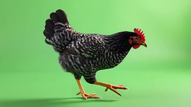 Black and white chicken standing on a green surface looking downward in a studio setting view chicken green screen video