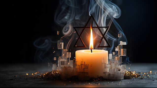A digital representation of a spiritual candle and star of david symbol on a somber background