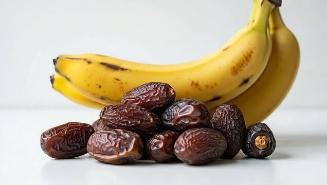 Bunch of ripe yellow bananas and pile of dried dates on a white surface.