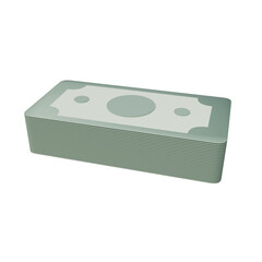 A stack of stylized, pale green money sits flat, featuring a simple, repeating currency design under soft, even lighting, creating a calm, graphic mood.
