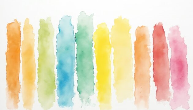Colorful vertical watercolor stripes in orange yellow green blue red pink. Abstract art splash paint background. Creative paint swatches on white paper.