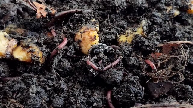 Red earthworms (Eisenia fetida or Red Worms) on the surface of the soil with bananas and their peels. Red earthworms are the most effective at converting organic waste into compost