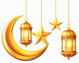abstract 3d golden color crescent moon, lantern and star hanging in 3d different golden colour style  isolated on transparent background	
