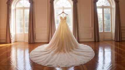 Elegant Bridal Dress: A pristine wedding dress is showcased in a sunlit room, its flowing silhouette and exquisite detail promising a day of love and celebration.