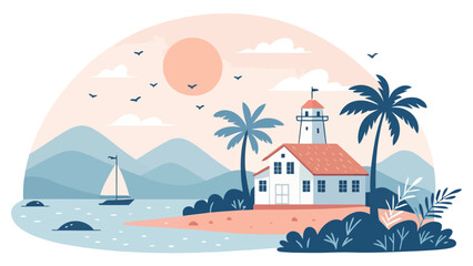 Obraz premium Serene tropical island getaway with lighthouse and sailboat