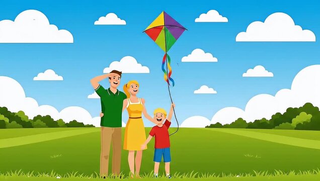 Happy family flying a colorful kite in a sunny green field.
