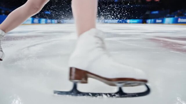 A figure skater in a performance pose, bending forward, on ice, in a dark blue, bejeweled outfit