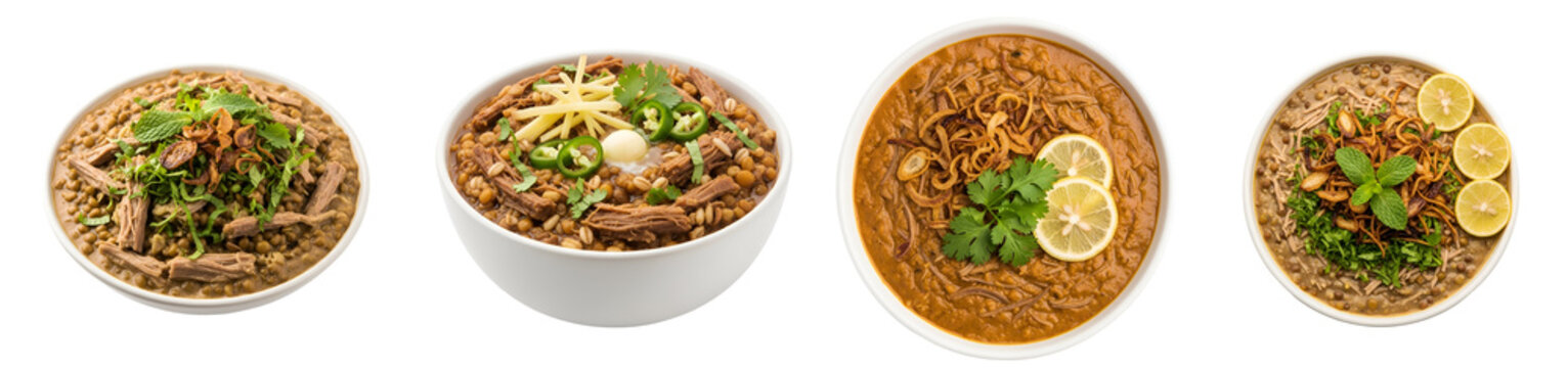 Four bowls of haleem displayed with unique toppings in a horizontal arrangement against a plain space on transparent background