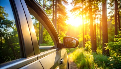 A car door and mirror reflect sunlit trees in a forest. Bright light streams through the woods