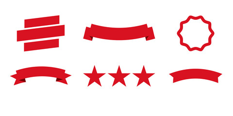 flat vector Red ribbon banner set with stars and decorative badge elements for sale, promotion and award design