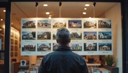 Plakat Man studies house listings displayed on wall at real estate office window. Buyer contemplates property options. Person looks at homes for sale, choosing dream residence.