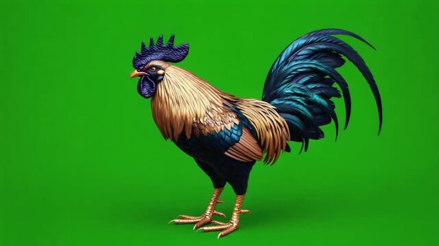 Elegant rooster with golden and blue feathers standing on a vibrant green background studio shot chicken green screen video