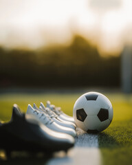 Soccer ball and cleats rest on a lush field. Ideal for sports and fitness promotions, football themed content, and sports blog visuals.