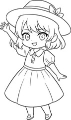 Cute Chibi Girl Line Art Illustration Wearing Hat and Dress – Anime Style Outline Isolated on Transparent Background Vector