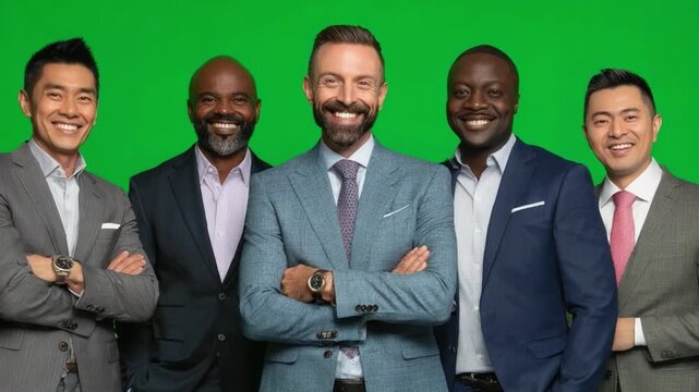 Dynamic Group Portrait: A striking group of diverse men, impeccably dressed in stylish attire, exude confidence and charisma against a vibrant green backdrop.