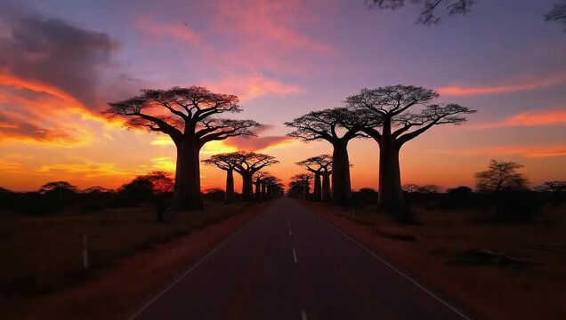 Majestic Baobab Avenue at Sunset in Madagascar.