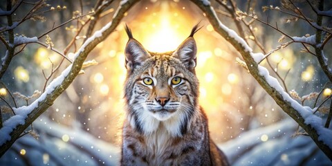 Fototapeta na wymiar Majestic Lynx in Winter Wonderland A Serene Portrait Framed by Snow-Covered Branches and Golden Light