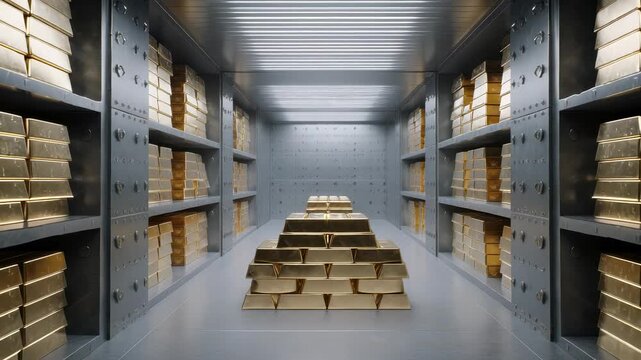 An armored vault is filled with gold bars organized on shelves. The metallic walls create a cold environment. Each bar reflects light, showing the value stored within