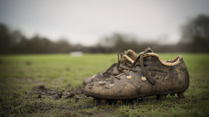 Portrays mud covered soccer cleats on grass suitable for sports and athletic themed designs, soccer related content, sports blogs, or advertisements.