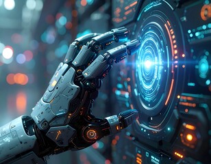 Cybernetic hand interacts with a glowing, circular display