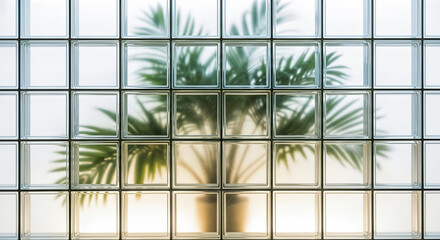 blurred green palm leaves behind square glass block wall texture abstract interior design window background tropical plant bathroom decoration architectural pattern