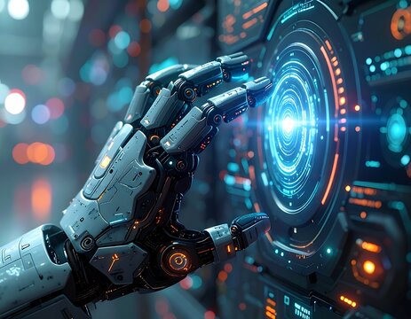 Cybernetic hand interacts with a glowing, circular display - Powered by Adobe