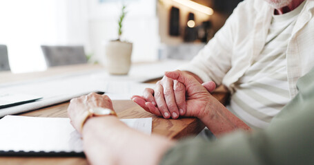 Holding hand, paperwork and senior couple in house with application for retirement home together. Love, compassion and elderly people for will documents with marriage, support and care in apartment.