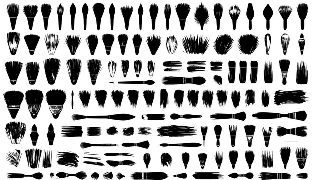 Collection of Black Paint Brush Stroke Silhouettes on White.