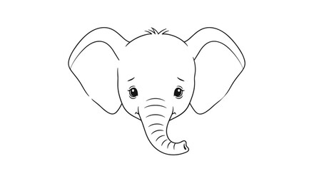 Fototapeta premium Sad and gentle line art sketch of a cute baby elephant's face with large, expressive, tearful eyes on a white background.