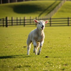 Obraz premium Young white lamb running playfully across a green pasture