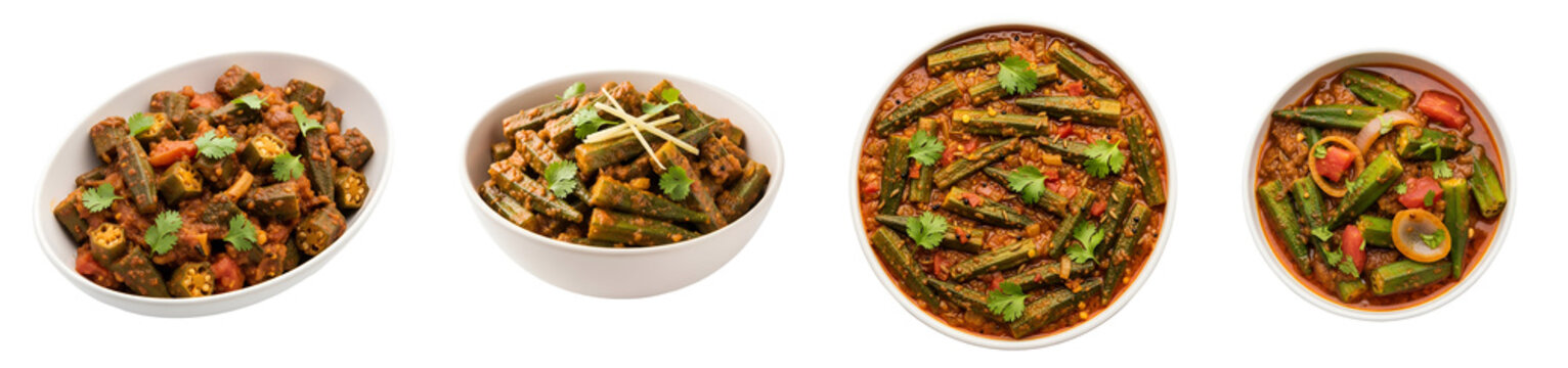 Four bowls of okra dishes with garnish and rich sauces, presented in a horizontal arrangement on transparent background