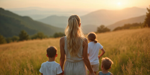 Mother walks with two children through golden grass field towards distant hills at sunset. Family enjoys peaceful nature scenery, cherishes summer vacation, precious moments together, creating