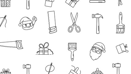 Obraz premium Festive Toolkit Icons: A delightful array of line art illustrations, featuring a playful Santa Claus, various gift boxes, and essential hand tools.