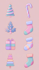 Christmas tree candy cane gift box stocking pastel colors holiday icons festive decoration winter celebration