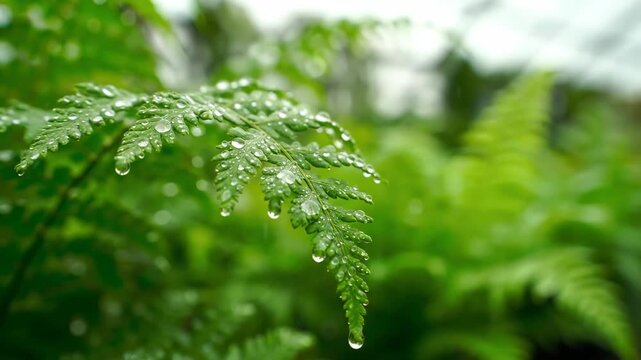 Close-up of vibrant green fern leaf covered in water droplets outdoor