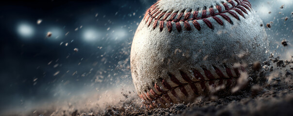 Obraz premium Baseball ball dirt closeup with red stitching in motion on field with blurred background and flying dust particles